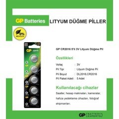 GP 5'li CR2016 3V Lityum Düğme Pil (GPCR2016-C5)