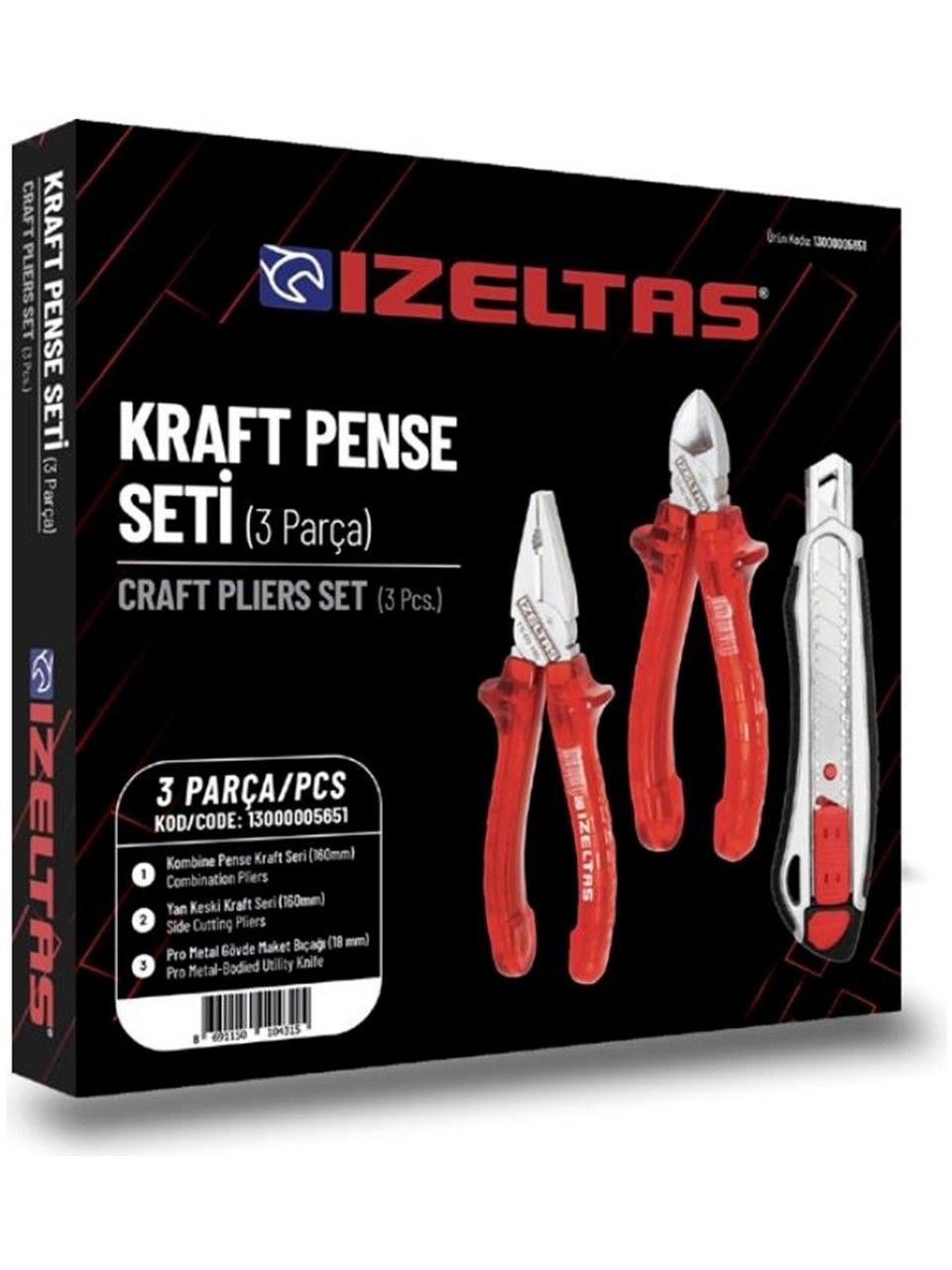 İzeltaş 3'lü Kraft Pense Seti 3 Parça Kraft Pense 160MM Kraft Yan Keski 160MM Maket Bıçağı 13000 005651