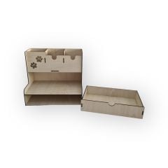 Ahşap Masaüstü 3 bölmeli, Çekmeceli Kalemlik Masaüstü Organizer