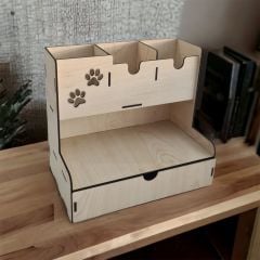 Ahşap Masaüstü 3 bölmeli, Çekmeceli Kalemlik Masaüstü Organizer