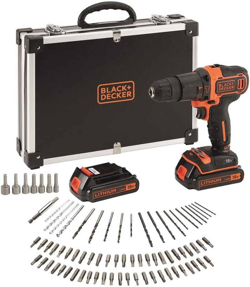 Black+Decker BDCHD18BAFC-QW 18V 1.5Ah Li-Ion Darbeli Vidalama/Matkap,Çift Akü, Çanta, 80 Parça Aksesuar Seti