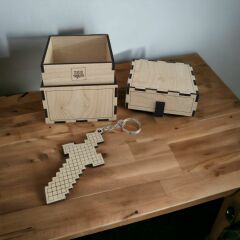 Ahşap Minecraft Sandık ve Kılıç Şeklinde Anahtarlık